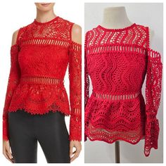 Slay Date Night In This Fashion-Forward Top From Venus, Defined By A Shoulder-Baring Silhouette And Sheer Embroidered Lace In The Season's Fiery Red Hue. Fits True To Size, Order Your Normal Size Round Neck, Cold-Shoulder Long Sleeves Allover Lace, Open-Embroidered Insets, Scalloped Trim Exposed Back Zip Closure, Lined In Chest Stock Photos Are For Reference Only. The Top Is Similar. The Lace Is Different Red Lace Tops For Spring, Red Embroidered Tops For Party, Red Lace Long Sleeve Top, Burgundy Blouse, Faux Leather Top, Date Night In, Wrap Shirt, Cold Shoulder Long Sleeve, Pink Leopard Print