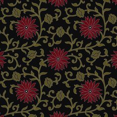 a black background with red and gold flowers on it's sides, in the center is an ornate design