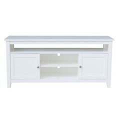 a white tv stand with two drawers on one side and an open shelf on the other