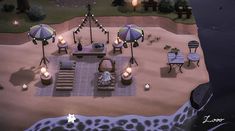 an animated beach scene with lounge chairs and umbrellas on the sand, lit by candles