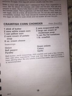 the recipe for crawfish corn chowder is shown in an open book, with instructions on how to make it