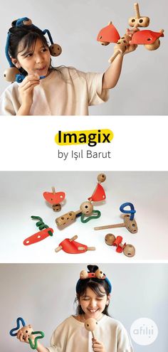 a woman holding up wooden toys in her hands and looking at them with the caption imagine by isi barut