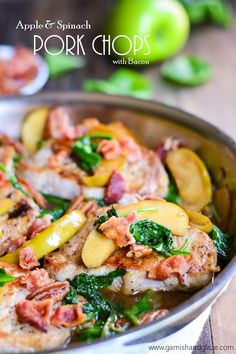 an apple and spinach pork chops with bacon in a skillet