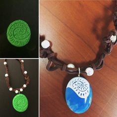 four different pictures of necklaces with beads and designs on them, including an oval pendant