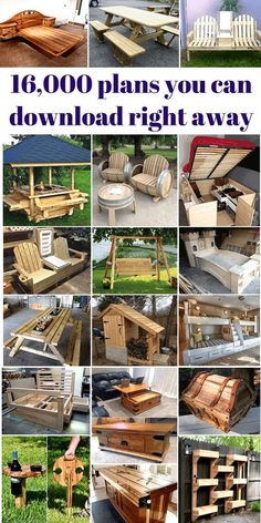 many different types of wooden benches and tables with the words 16, 000 plans you can build