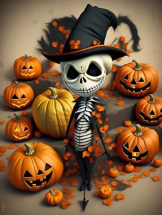 a skeleton in a hat surrounded by pumpkins