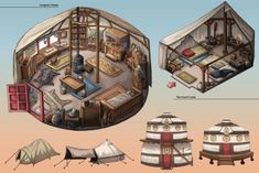 the interior of a yurt with several rooms and beds in it, including a tent