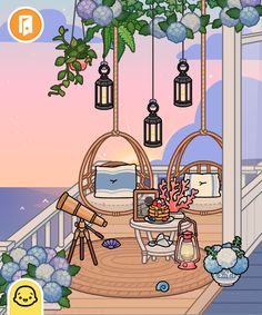 an animated image of a porch with flowers and lanterns hanging from the ceiling, along with other decorations