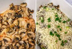 two pictures side by side one has cheese and the other has mushrooms on top of it