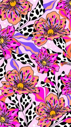 an abstract floral pattern with pink flowers and black spots on a pink, purple, and white background