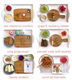 four different types of food on trays with words describing the steps to make an appetizer