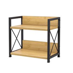 three tiered wooden shelf with black metal frame