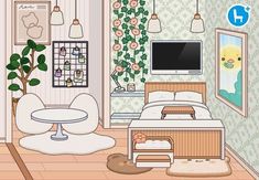 a cartoon bedroom with a bed, desk and television