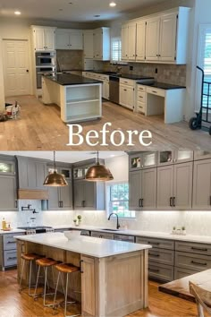 before and after pictures of a kitchen remodel with white cabinets, wood flooring and stainless steel appliances