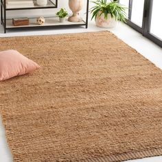 a brown rug with a pink pillow on the floor in front of a mirror and plant