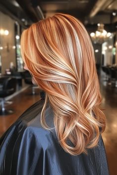 Turn heads this winter with blonde highlights on copper hair! #BlondeHighlights #CopperHairMagic #WinterHairGoals #HairInspiration #SeasonalGlam Light Red Hair Blonde Highlights, Blonde And Red Highlights On Blonde Hair, Golden Blonde Red Hair, Copper With Blonde Balayage, Cowboy Copper Highlights On Blonde Hair, Red Blonde Short Hair, Ginger Hair Highlights And Lowlights, Orange Blonde Highlights, Blond Highlights On Red Hair