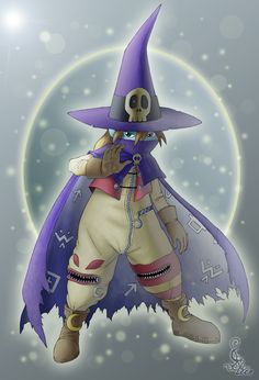 a cartoon character dressed as a skeleton wearing a purple hat