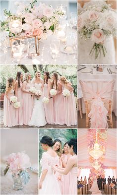 a collage of photos with pink and white flowers in the center, bridesmaid dresses