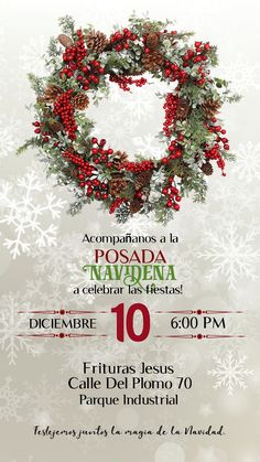 a christmas party flyer with a wreath and snowflakes on the background, in spanish