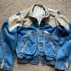 Vintage 1985 Guess Blue Denim And Leather Bomber Jacket Size Medium Medium Wash Denim Outerwear For Rodeo, Retro Long Sleeve Outerwear For Rodeo, Long Sleeve Denim Rodeo Outerwear, Denim And Leather Jacket, Guess Jacket, Jean Coat, Jean Jacket, Blue Denim, Bomber Jacket