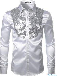 OrcaJump - Mens Silk Satin Tuxedo Shirt with Sequins, Long Sleeve Button Down in Solid Colors of Blue, Gold, Red, Fitted Shirt With Button Closure For Party, White Slim Fit Shirt For Party, Cotton Button-up Party Tops, Cotton Button-up Tops For Party, Party Cotton Tops With Buttons, Red White Black Wedding, Black Wedding Party, Button Down Fashion, White Black Wedding