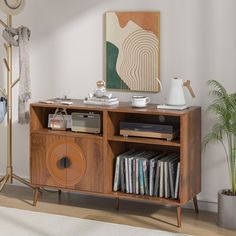 a living room with an entertainment center, bookshelf and plant in the corner