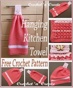 a crocheted kitchen towel is shown with instructions for it to be made into a hat