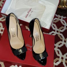 Immaculate Condition Black Patent Ferragamo Nero Patent Calf Pumps. Worn Once To A Wedding And Once To Fancy Dinner. Bought From Bloomingdale's. Will Provide Oroginal Box, Dustbag,And Brand New Spare Heel Caps With Your Purchase. Serious Buyers Please Contact Me. These Are Gorgeous For Any Occasion To Dress Up Or Down. Elegant Black Calf Leather Heels, Black Calf Leather Heels For Formal Occasions, Luxury Black Heels For Galas, Luxury Black Heels For Formal Occasions, Designer Black Heels For Business, Designer Black Heels For Formal Occasions, Black Patent Pumps, Salvatore Ferragamo Shoes, Ferragamo Shoes