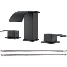 a black faucet with three different accessories