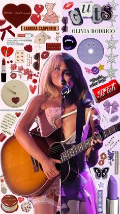 a woman holding a guitar in front of a collage of stickers and hearts