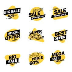 black and yellow sale stickers with the words super deal, best offer, 50 % off