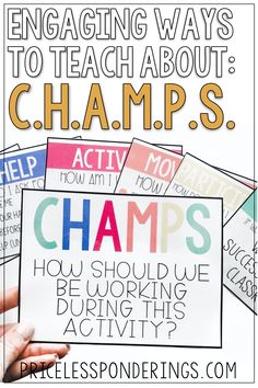 a hand holding a sign that says, engaging ways to teach about champ's