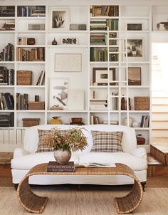 a living room filled with furniture and bookshelves covered in white bookcases