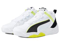 PUMA Rebound Future Evo Core - Men's Shoes : Puma White/Puma Black/Light Lime : Add some style to your walk wearing the cool PUMA Rebound Future Evo Core sneakers. Textile and synthetic upper. Textile lining. Textile insole. Lace-up closure. Pull tab included. Branding on tongue and pull tab. Synthetic outsole. Imported. Measurements: Weight: 14 oz Product measurements were taken using size 9, width D - Medium. Please note that measurements may vary by size. Weight of footwear is based on a sing Mesh High-top Sneakers For Running, White High-top Running Shoes With Breathable Mesh, Mesh High-top Running Sneakers With Cushioned Footbed, Dynamic Synthetic Basketball Shoes For Sports, Mesh High-top Sneakers With Cushioned Footbed For Running, White Low-top Basketball Shoes With Breathable Mesh, White Breathable Mesh High-top Sneakers, White High-top Sneakers With Breathable Mesh, Synthetic Lace-up Basketball Shoes For Training