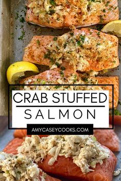 crab stuffed salmon on a baking sheet with lemons and parsley