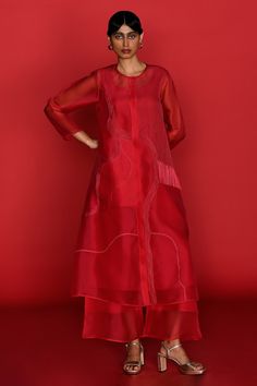 Red kurta with thread embroidered asymmetric wave patterns. Comes with inner slip. - Aza Fashions Trouser Pattern, Red Kurta, Red Tunic, Red Thread, Trouser Pants Women, Long Red, Silk Organza, Wave Pattern, Womens Tunics