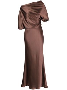 truffle brown satin finish draped design off-shoulder rear zip fastening short sleeves maxi flared hem Taupe Satin Dress, Brown Mother Of The Bride Dresses, Amsale Dress, Drape Maxi Dress, Designer Drapes, Versace Outfit, City Dress, Mother Of The Bride Dresses, Satin Dresses