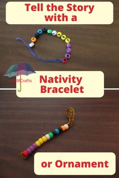 three different types of bracelets on a table with text that reads tell the story with a nativity bracelet or ornament