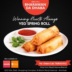 an advertisement for vegetable spring rolls with dipping sauce