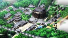 an aerial view of tokyo metropolitan jujutsu technical high school with trees in the foreground