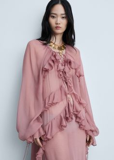 Semitransparent chiffon dress with ruffles - Woman | MANGO USA Long Sleeve Ruffle Dress, Ruffle Design, Dress With Ruffles, Pink Maxi, Dress Images, Gauze Fabric, Pink Boho, Fashion People, Chiffon Maxi Dress