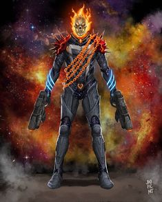 an image of a man with fire on his face and arms, standing in front of a space background