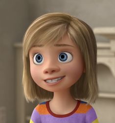 a cartoon girl with big blue eyes and blonde hair is looking up at the camera