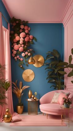 a living room with pink and blue walls, gold accents and potted plants on the wall