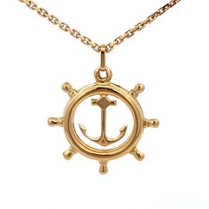 "Vintage 18K Gold Anchor and Ships Wheel Charm Pendant ~  18k Yellow Gold ~ Navy/Nautical~ ET1530 Metal Content: Solid 18K Gold Chain is NOT included Pendant Measurements Length including bail:  1 1/16\" (27mm) Width:  7/8\" (22mm) Bail opening: 4mm x 2mm Weight:  2.32 Grams Stamps: 750 569 VI Condition: excellent  Each piece is thoroughly examined and refinished as needed by our professional jewelers, tested to guarantee metal content,  graded by our in-house GIA (Gemological Institute of America) Graduate Gemologist, and inspected for quality before being carefully packaged and promptly shipped. Thank you for taking the time to shop with us! We have hundreds of more listings, with more being added every week! From necklaces to bracelets, the classics and trendy.  We are likely to have so Yellow Gold Nautical Anchor Jewelry, Elegant Yellow Gold Anchor-shaped Necklaces, Coastal Grandpa, Sailor Halloween Costumes, Sailor Halloween, Ships Wheel, Navy Anchor, 18k Gold Chain, Anchor Necklace