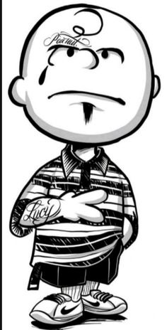 a black and white drawing of a person with a frown on his face, wearing a striped shirt