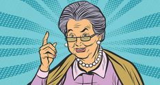 an old woman with glasses pointing to the side and smiling - people in retro pop art