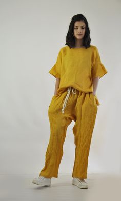 "Mustard Linen Set, Linen Top and Pants, Linen Summer Outfit Loose linen outfit . Summer woman Pants and top. Mustard pants and loose top. Women Set Of Tunic And Pants, White Linen Pants, Plus Size Clothing New summer collection. 100% LINEN tunic, blouse and pants. Plus size SET. The pants has two big pockets. Loose Harem Style. Extravagant loose mustard top or tunic , so elegant and comfortable. Quality LINEN fabric. 100% Linen. Model on picture is wearing size S The style I used was originally Solid Linen Sets With Pockets, Solid Color Linen Sets With Pockets, Relaxed Fit Linen Sets With Straight Pants, Linen Pantsuit, Mustard Outfit, Set Women Outfit, Mustard Outfits, Linen Summer Outfits, Tunic And Pants