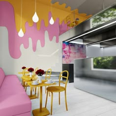 the interior of a modern restaurant with pink and yellow decor