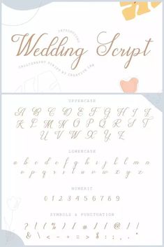 the wedding script is shown in two different font styles, with hearts and flowers on it